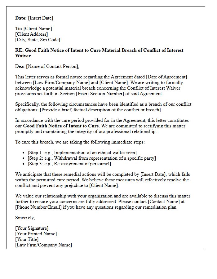 Good Faith Notice of Intent to Cure Material Breach of Client Conflict of Interest Waiver Letter