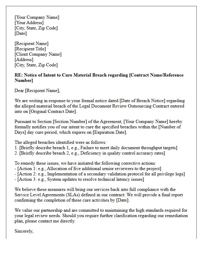 Intent to Cure Material Breach of Legal Document Review Outsourcing Contract Letter