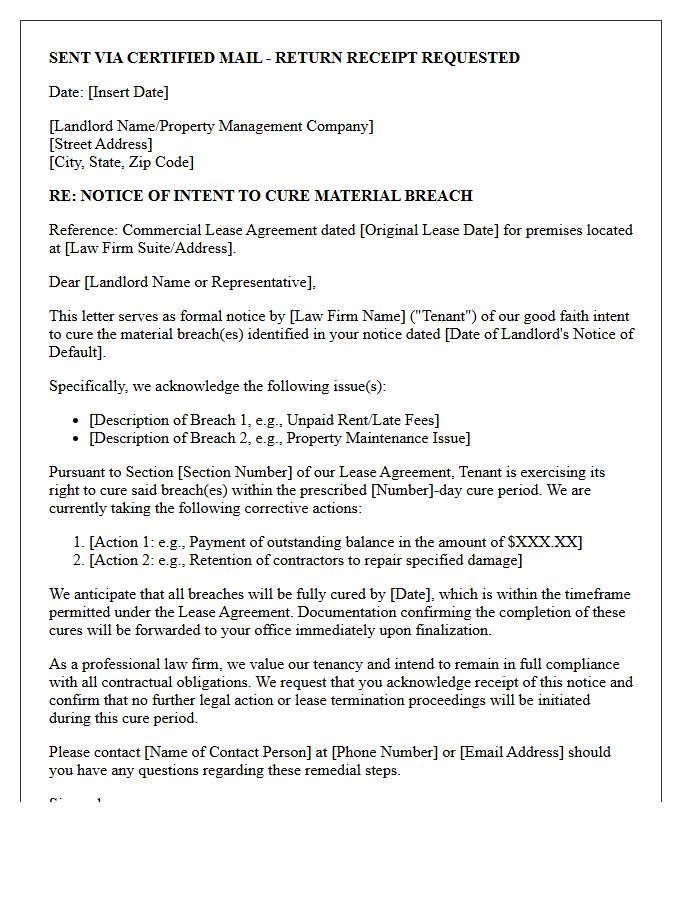 Good Faith Notice of Intent to Cure Material Breach of Law Firm Commercial Lease Agreement Letter