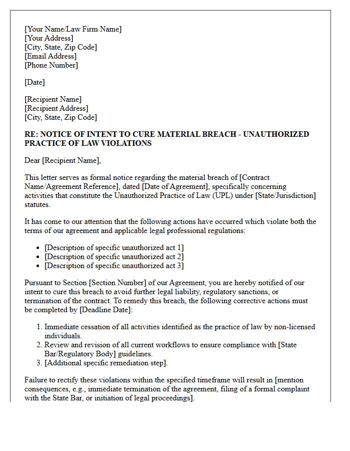 Notice of Intent to Cure Material Breach Regarding Unauthorized Practice of Law Violations Letter