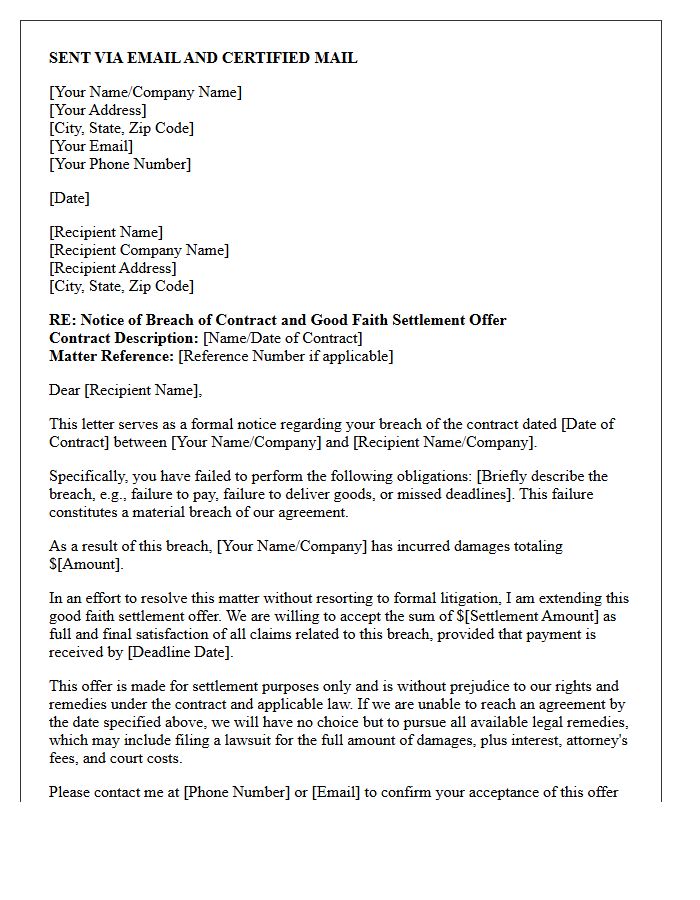 Pre-Litigation Breach of Contract Good Faith Settlement Letter
