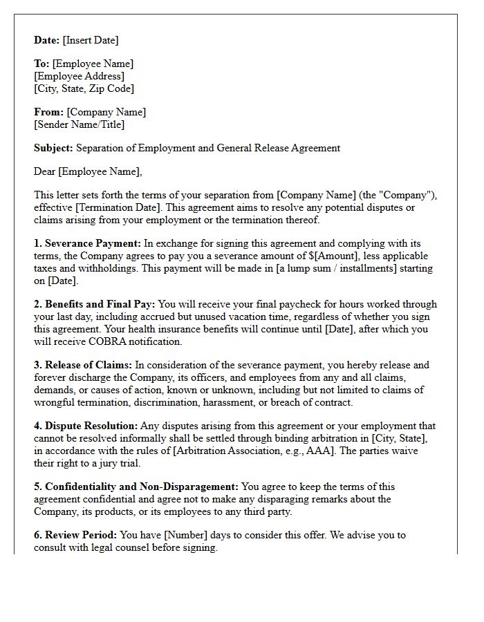 Employment Severance and Dispute Resolution Letter