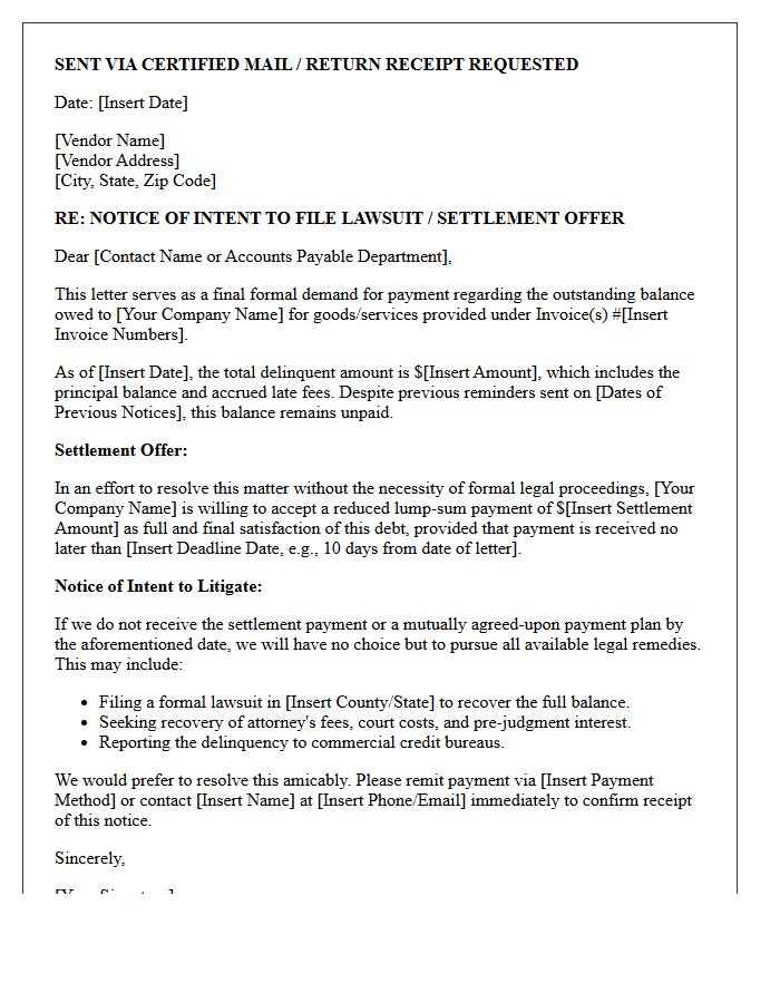 Vendor Non-Payment Pre-Litigation Settlement Letter