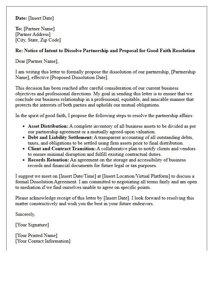 Partnership Dissolution Good Faith Resolution Letter