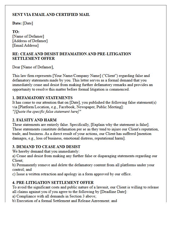 Defamation Cease and Pre-Litigation Offer Letter