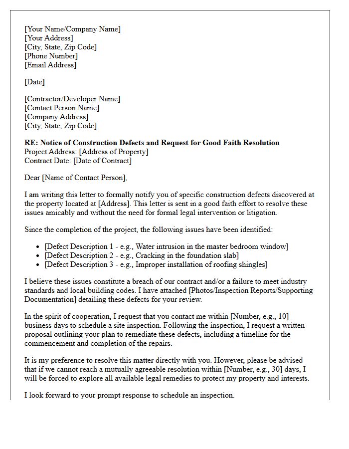 Construction Defect Good Faith Resolution Letter