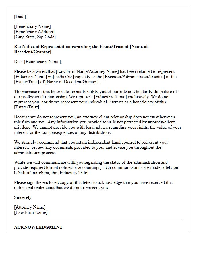 Fiduciary Representation And Beneficiary Non-Engagement Letter