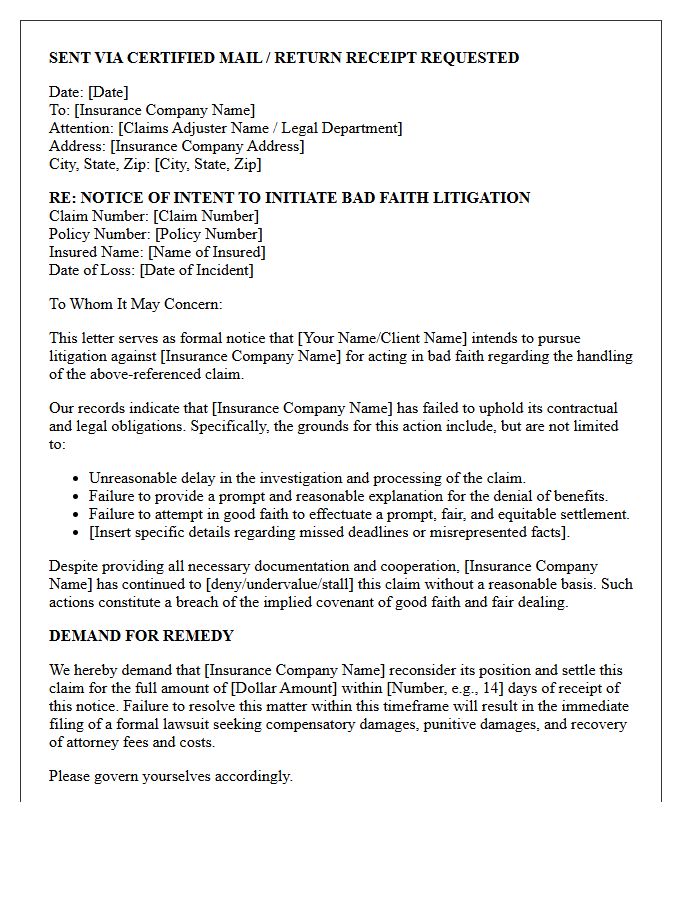Notice of Potential Bad Faith Litigation