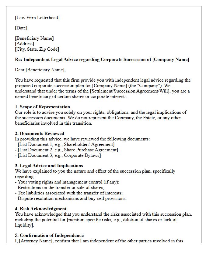 Corporate Succession Beneficiary Independent Counsel Advice Letter