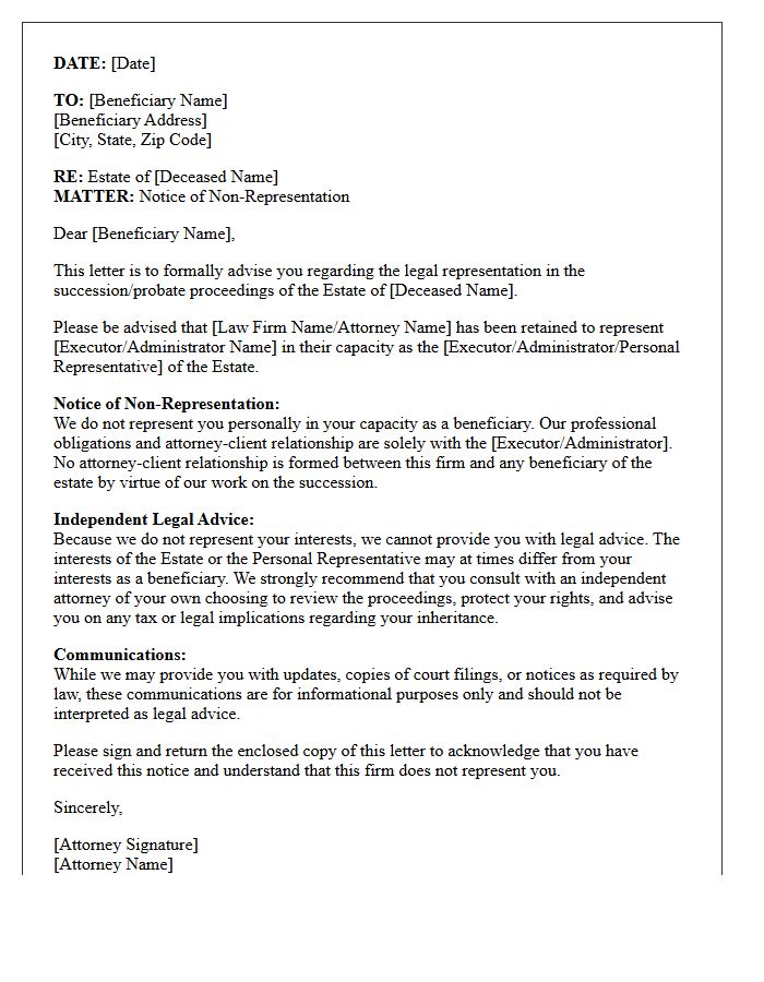 Legal Representation Disclaimer Letter For Succession Beneficiaries