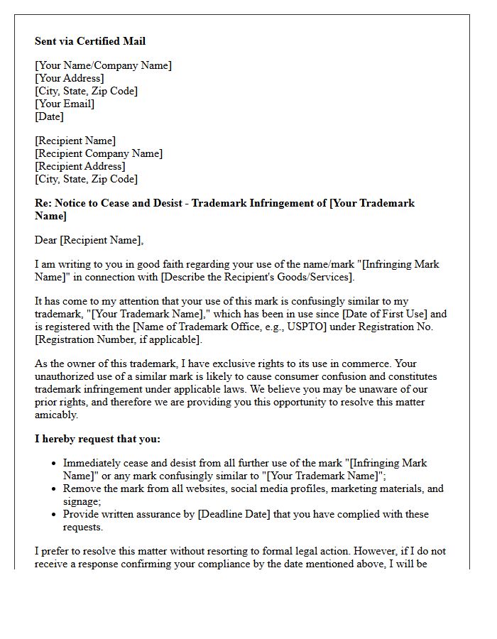 Good Faith Cease and Desist Letter Regarding Trademark Infringement