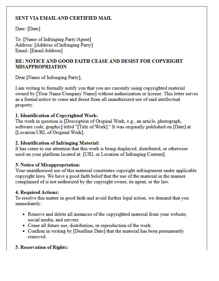 Notice and Good Faith Cease and Desist Letter for Copyright Misappropriation