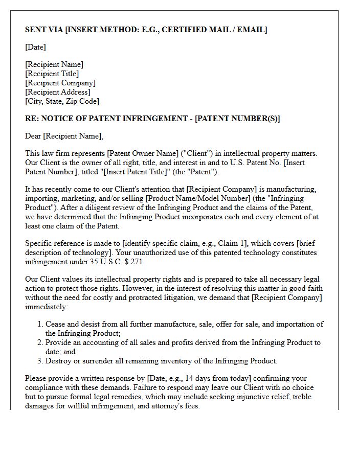 Pre-Litigation Good Faith Cease and Desist Letter Concerning Patent Infringement