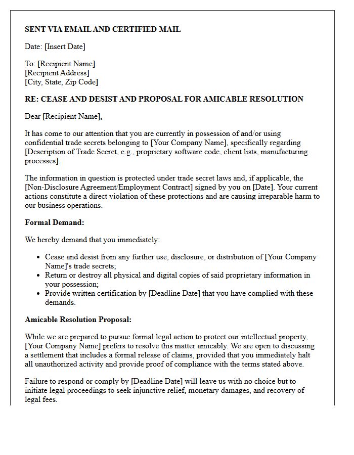 Amicable Resolution and Cease and Desist Letter for Trade Secret Violation