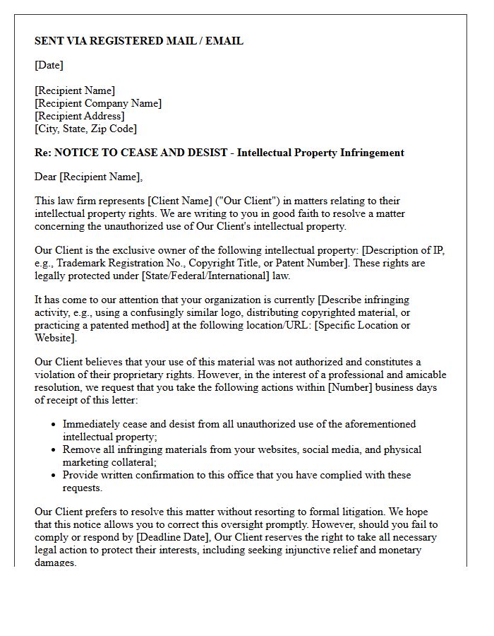 Law Firm Good Faith Cease and Desist Letter Regarding Intellectual Property Rights