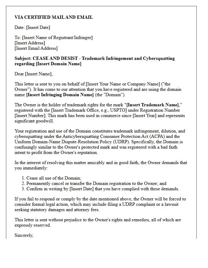 Good Faith Cease and Desist Letter for Cybersquatting and Trademark Infringement