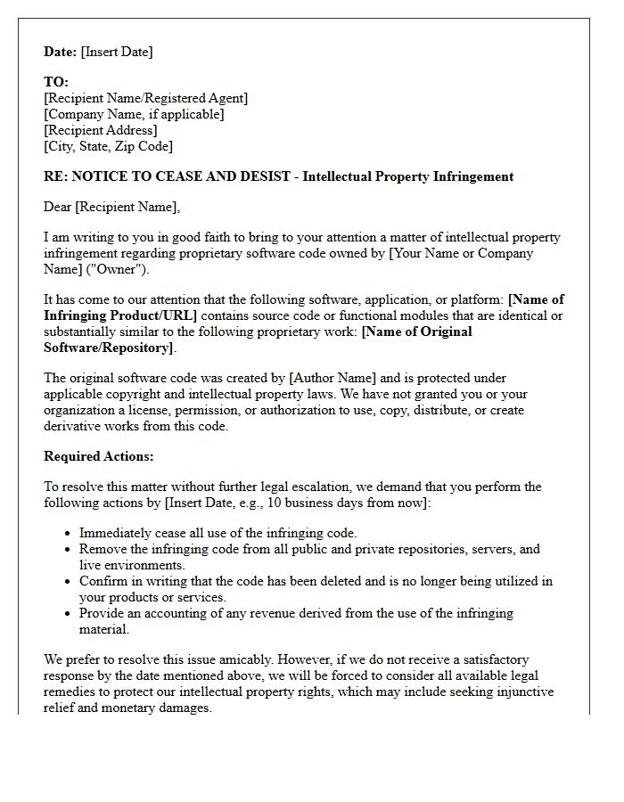 Intellectual Property Infringement Good Faith Cease and Desist Letter Concerning Software Code