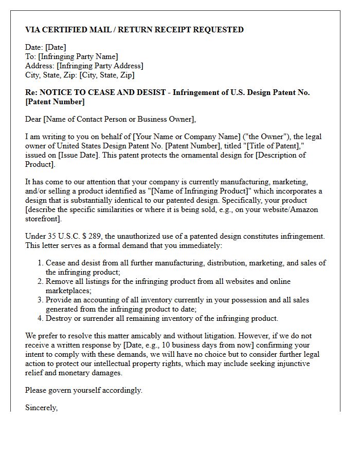 Good Faith Demand and Cease and Desist Letter Regarding Design Patent Infringement