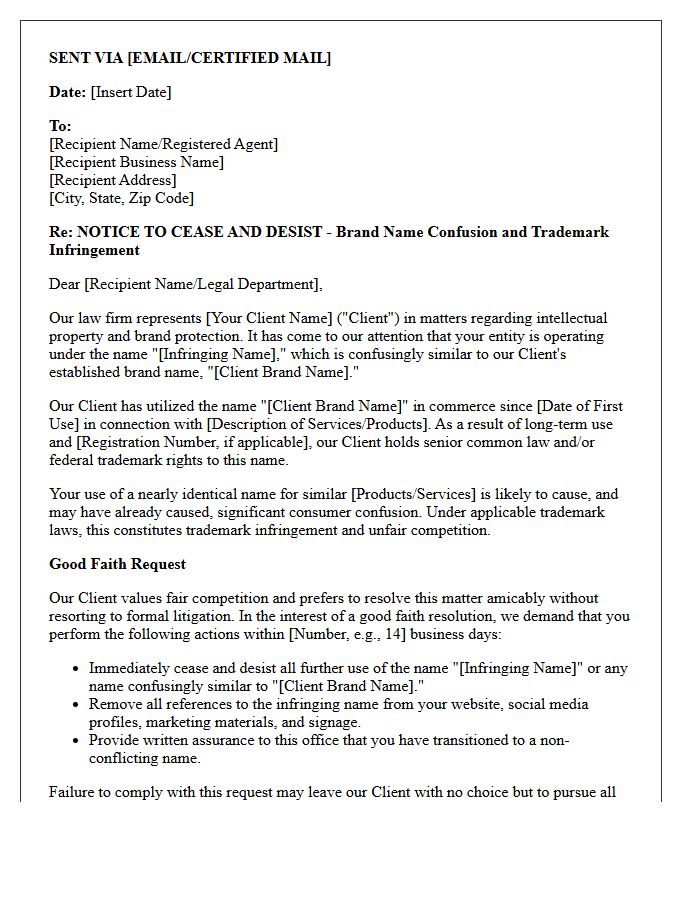 Law Firm Notice and Good Faith Cease and Desist Letter for Brand Name Confusion