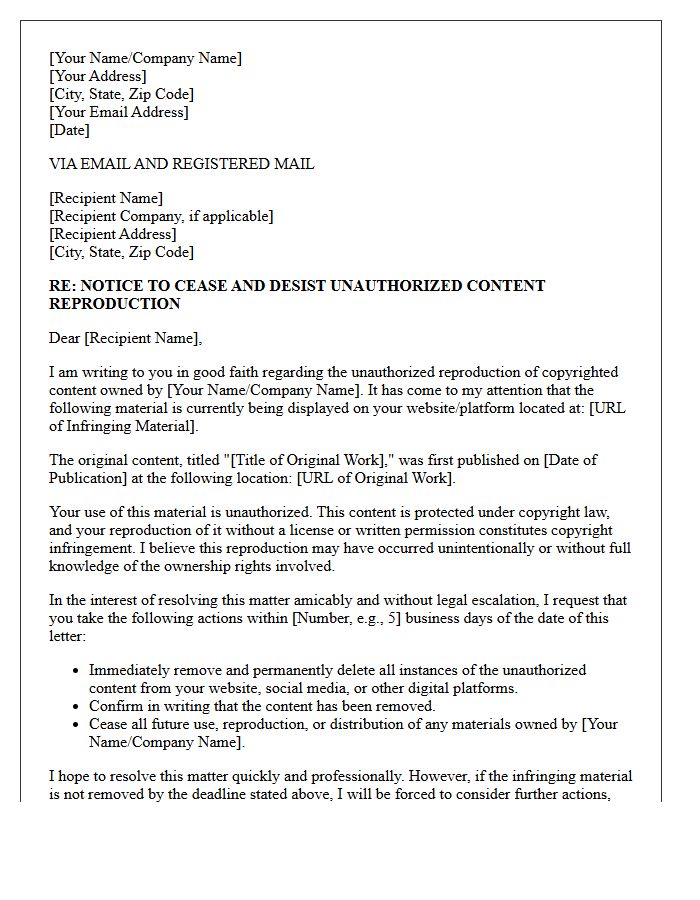 Good Faith Cease and Desist Letter Concerning Unauthorized Content Reproduction