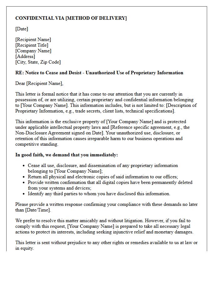 Confidential Good Faith Cease and Desist Letter Regarding Proprietary Information