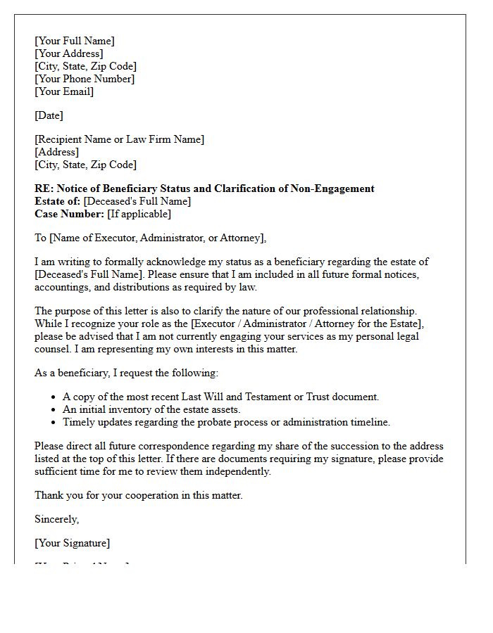 Succession Beneficiary Status And Non-Engagement Clarification Letter