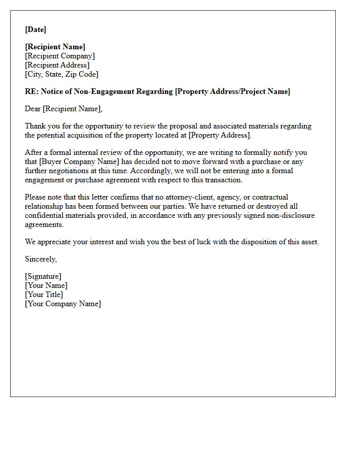 Commercial Real Estate Buyer Counterparty Non-Engagement Letter