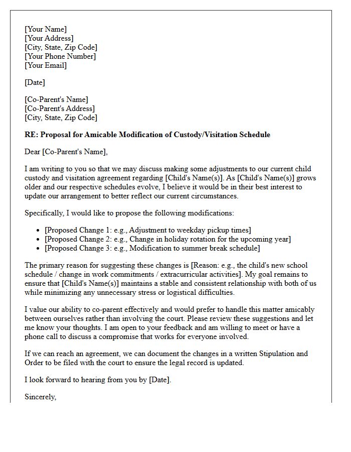 Letter Proposing Amicable Modification to Existing Child Custody Agreement