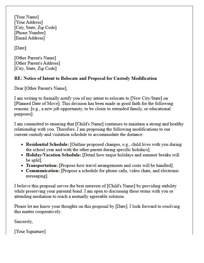 Good Faith Relocation and Custody Modification Proposal Letter