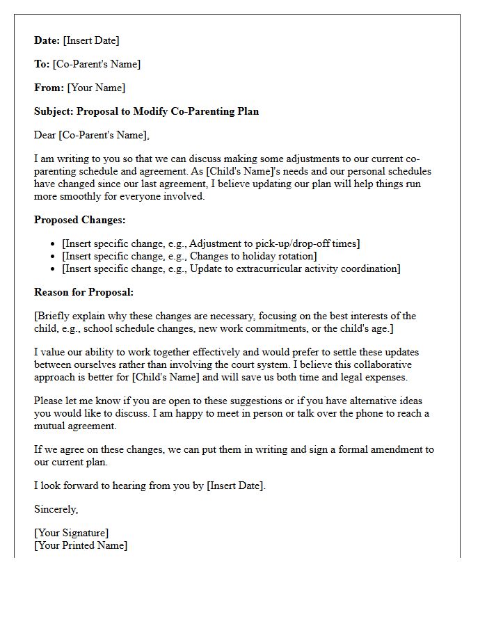Letter Proposing Out-of-Court Co-Parenting Plan Modification