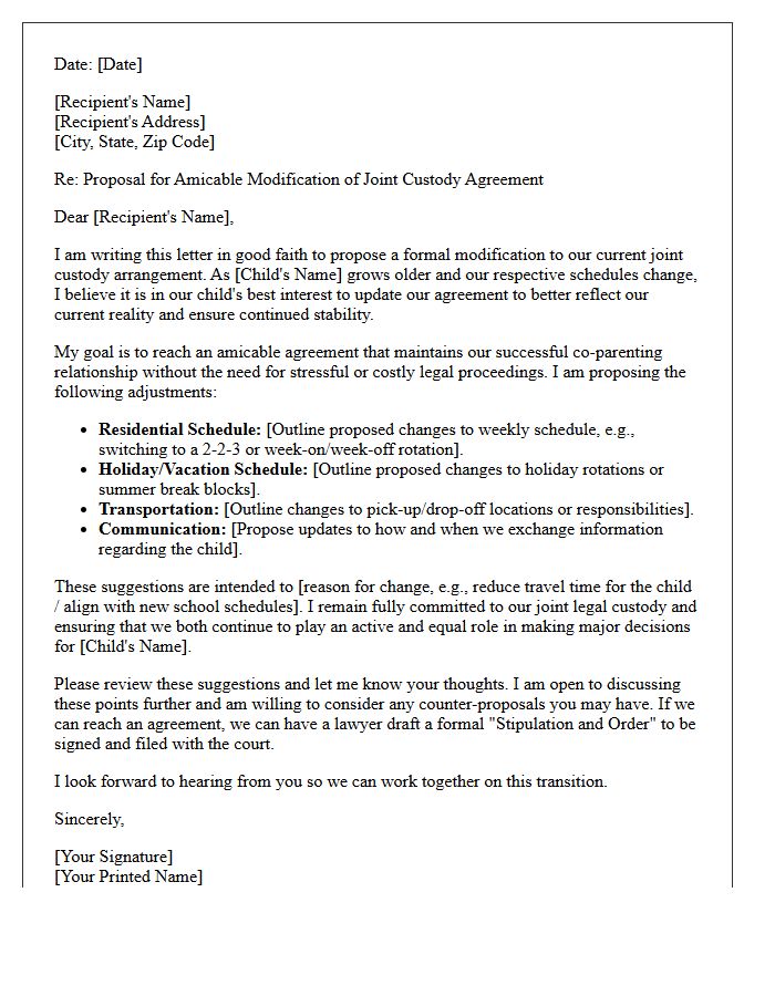 Amicable Joint Custody Modification Good Faith Proposal Letter