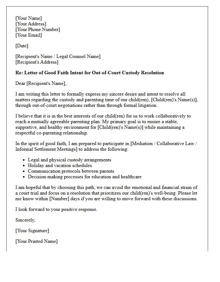 Letter of Good Faith Intent for Out-of-Court Custody Resolution