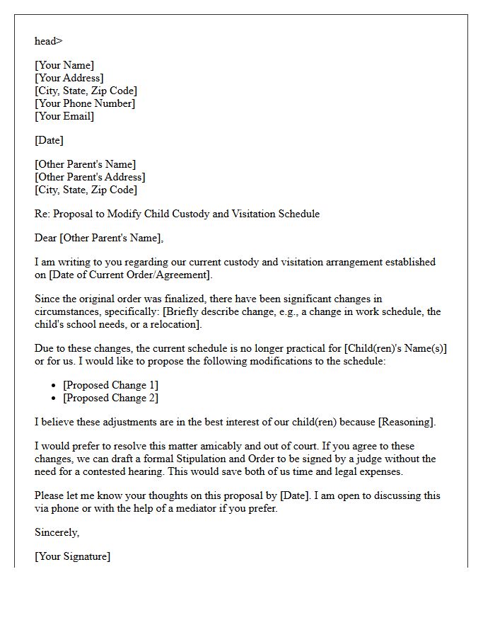 Letter Proposing Out-of-Court Custody Modification Due to Changed Circumstances