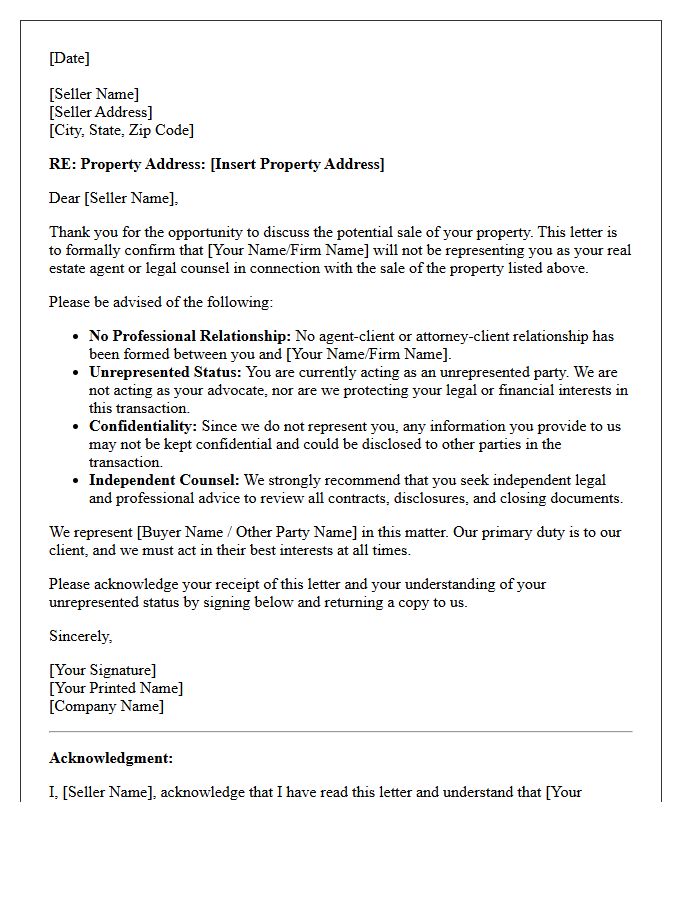 Residential Property Seller Unrepresented Party Non-Engagement Letter