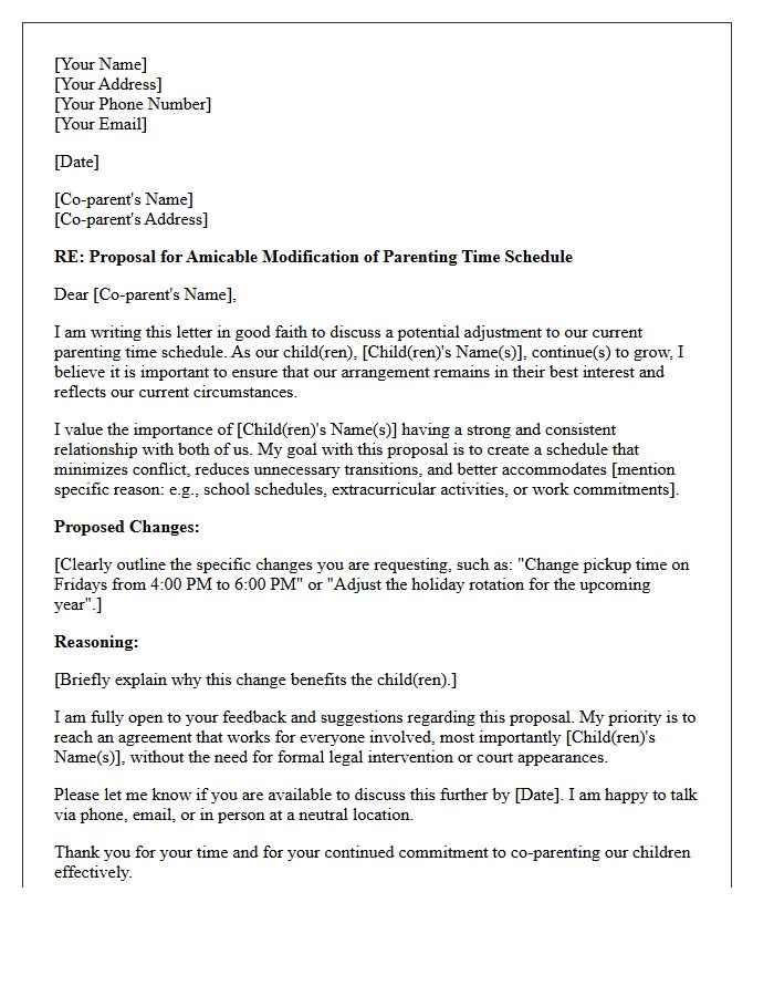 Letter of Good Faith Proposal for Amicable Parenting Time Modification