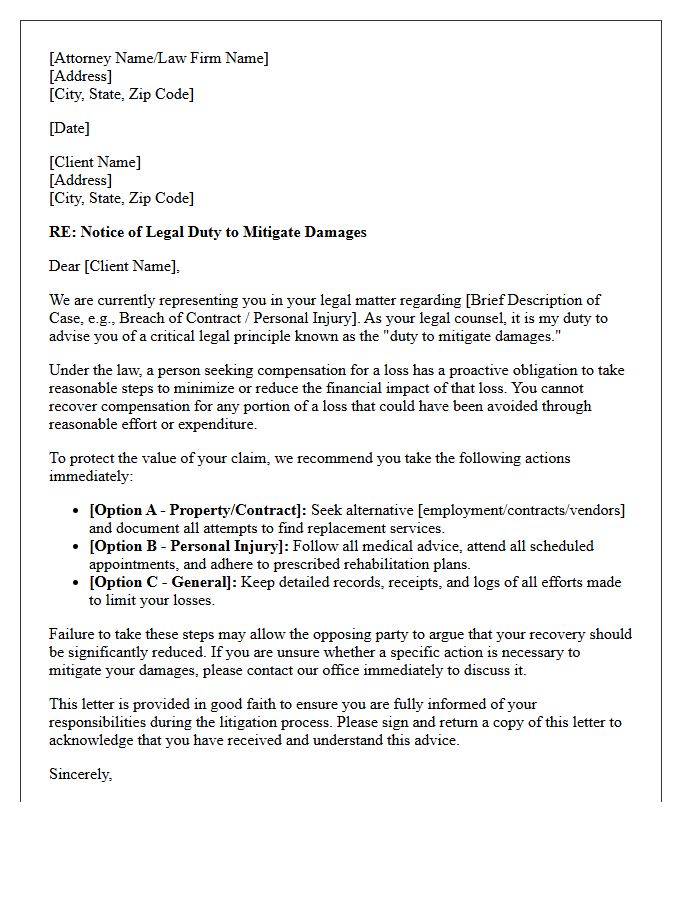 Good Faith Letter Advising Client on Duty to Mitigate Damages