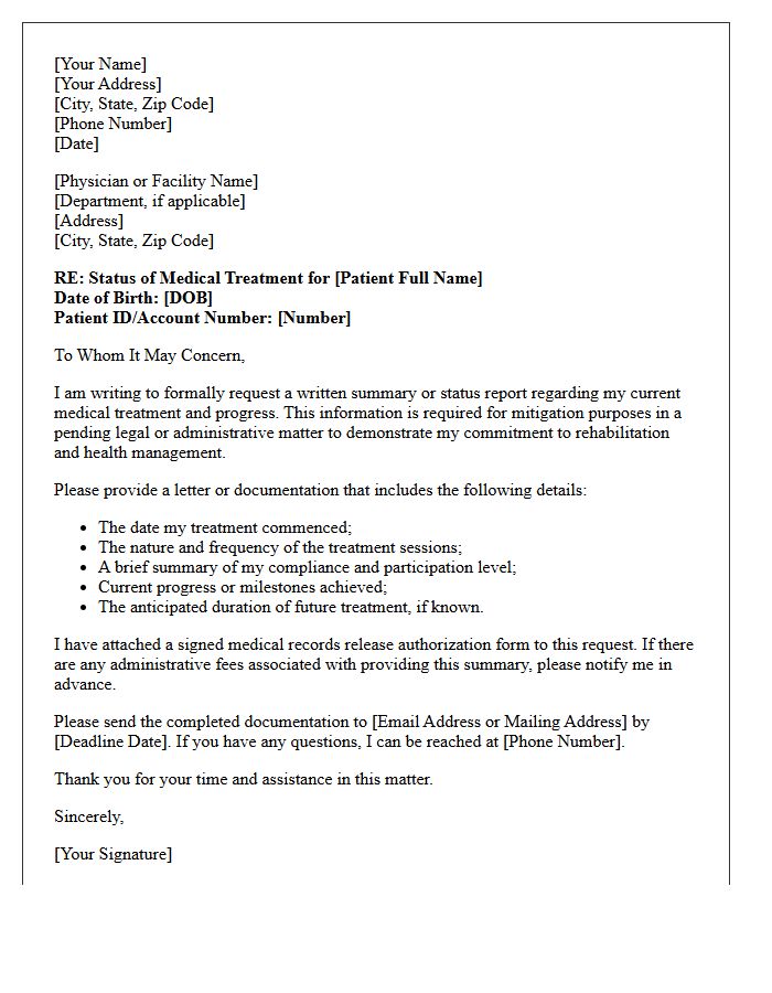 Letter Requesting Status of Medical Treatment for Mitigation Purposes