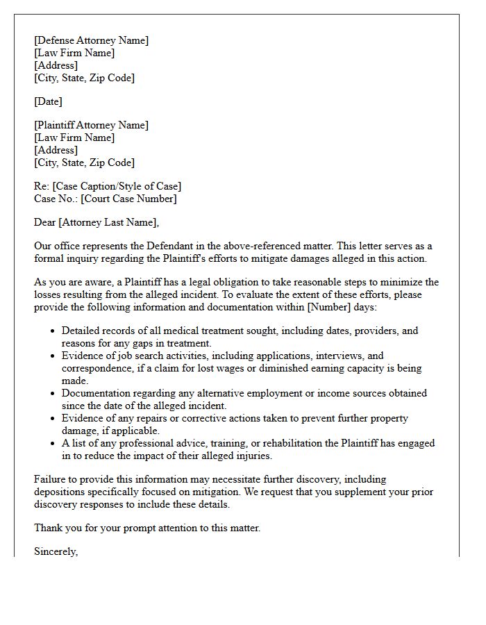 Defense Inquiry Letter Regarding Plaintiff Mitigation Efforts