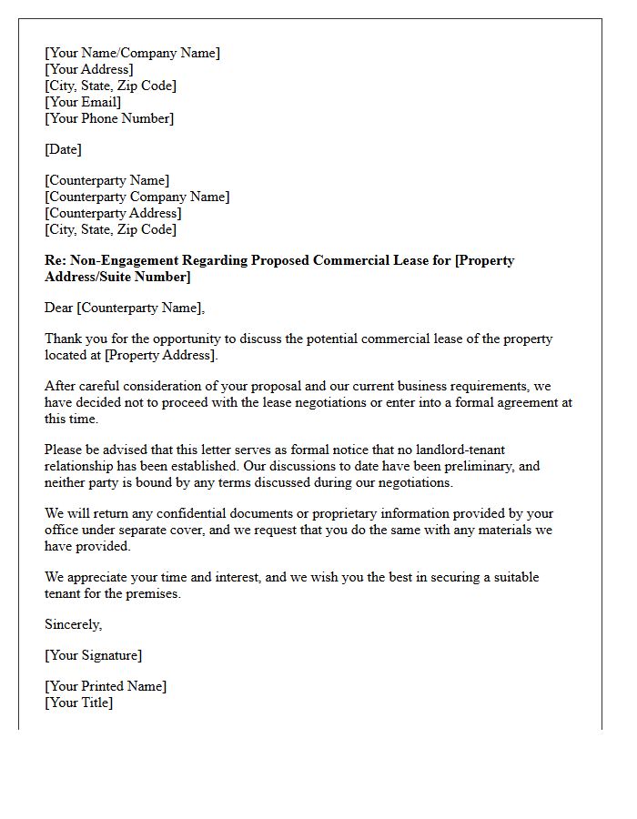 Commercial Lease Tenant Counterparty Non-Engagement Letter