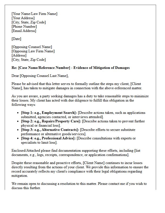 Letter to Opposing Counsel Detailing Damage Mitigation Compliance