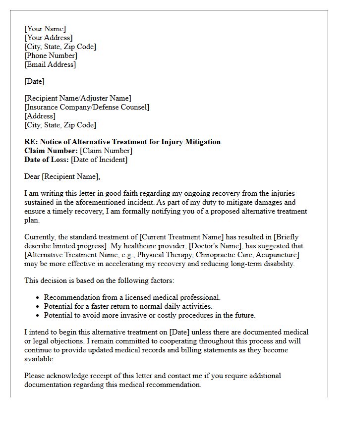 Good Faith Letter Suggesting Alternative Treatment for Injury Mitigation