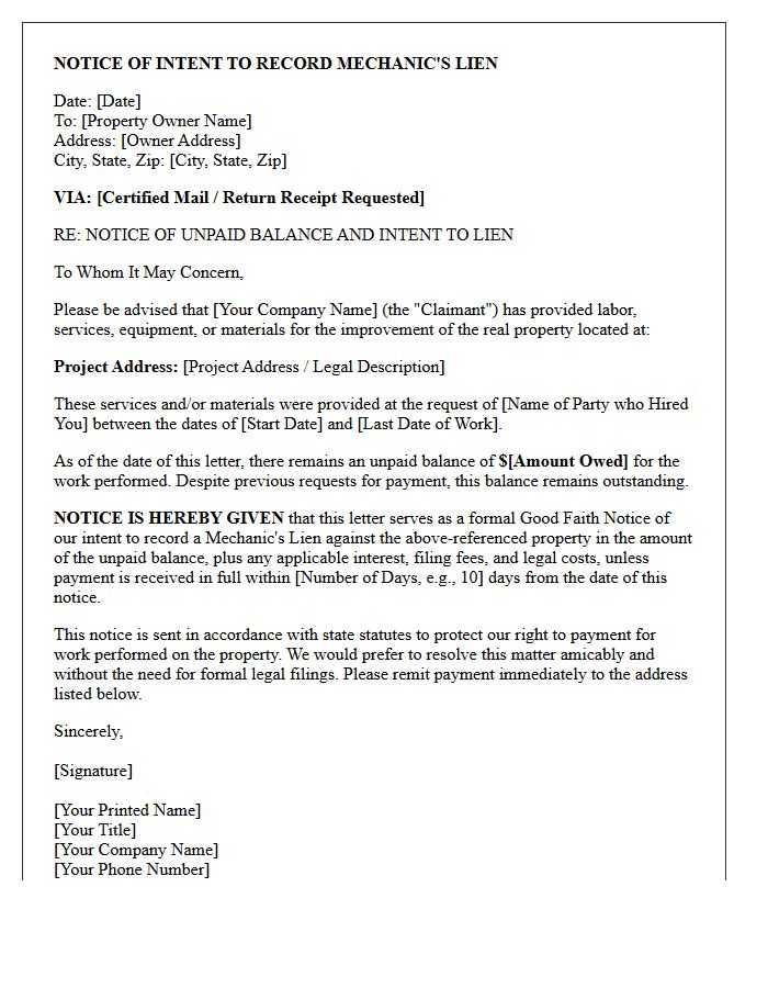 Good Faith Notice of Intent to Record Mechanic’s Lien Letter Declaration