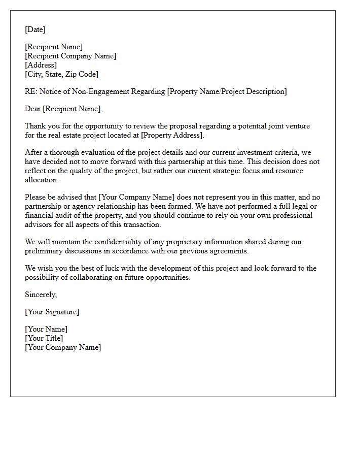 Real Estate Joint Venture Partner Non-Engagement Letter