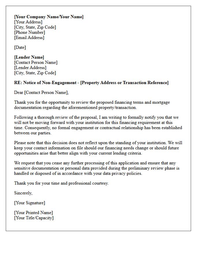 Mortgage Lender Or Financier Counterparty Non-Engagement Letter