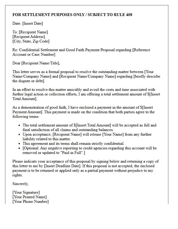 Confidential Settlement and Good Faith Payment Proposal Letter
