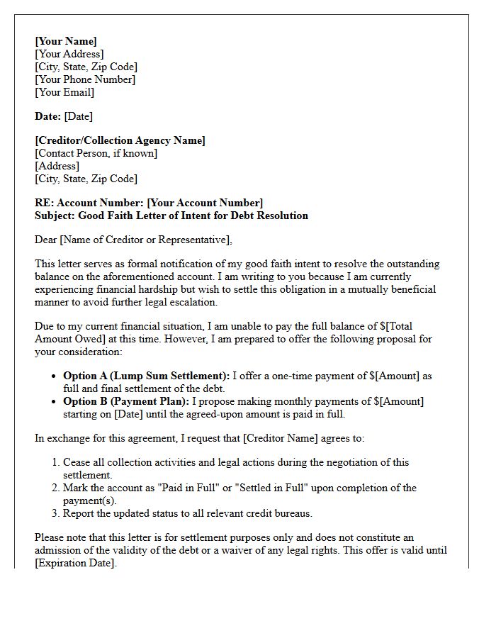 Good Faith Letter of Intent for Legal Debt Resolution
