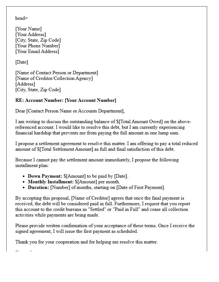 Proposed Installment Agreement and Debt Settlement Letter