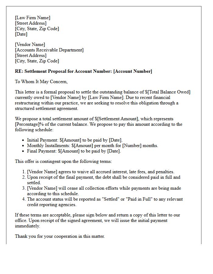 Law Practice Vendor Debt Structured Settlement Proposal Letter