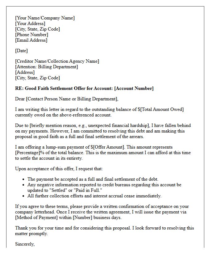 Client Account Good Faith Arrears Settlement Letter
