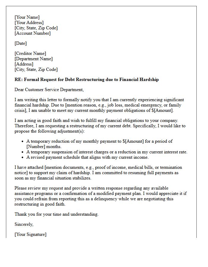 Good Faith Financial Hardship and Debt Restructuring Letter